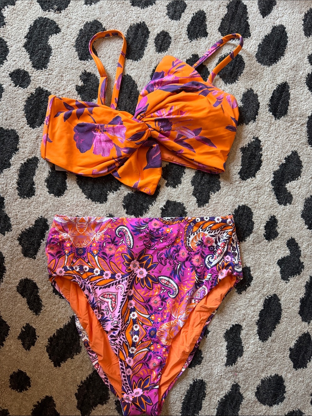 Anthropologie Orange & Purple Floral Twist Bikini Set